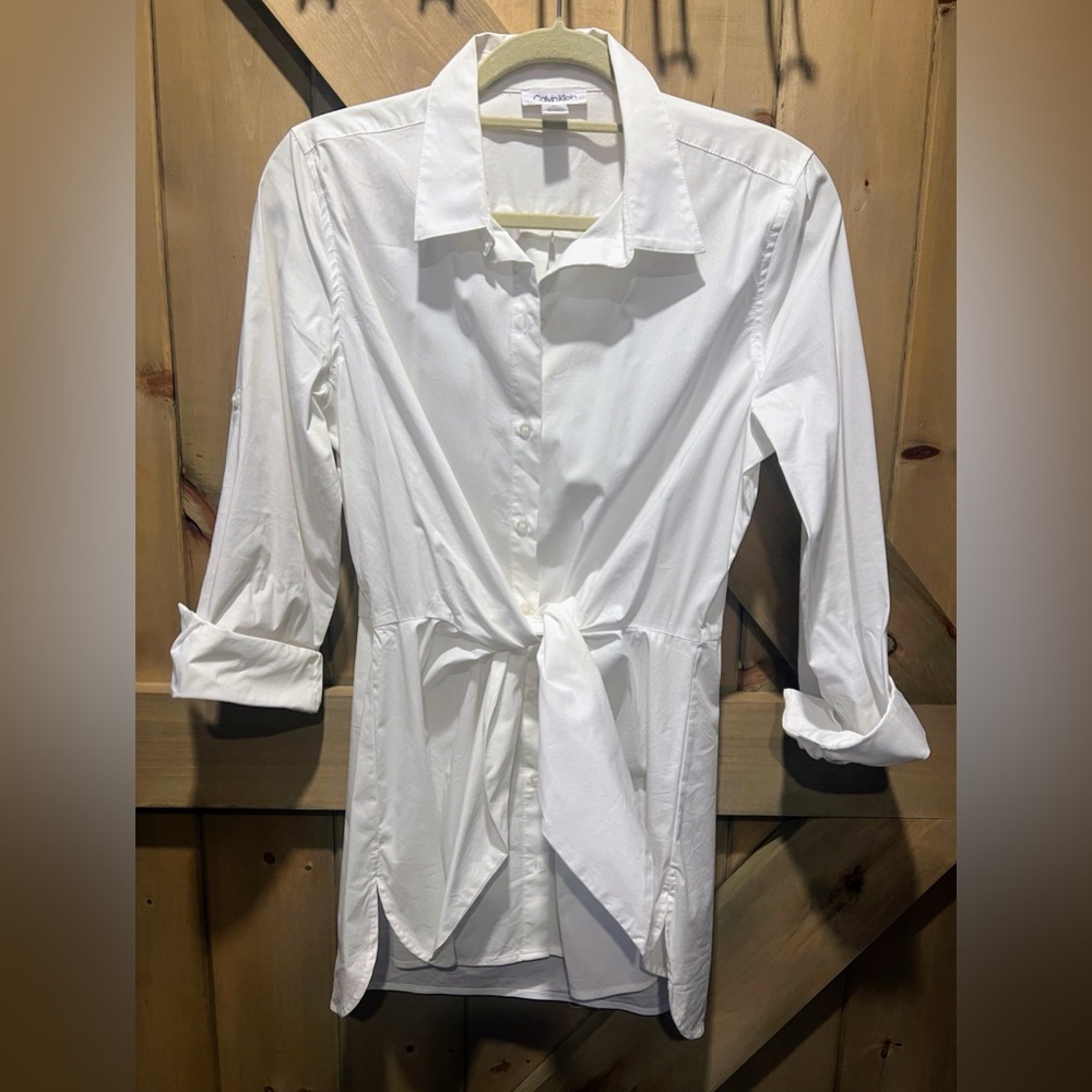 Calvin Klein long white shirt with tie at waist. Size medium